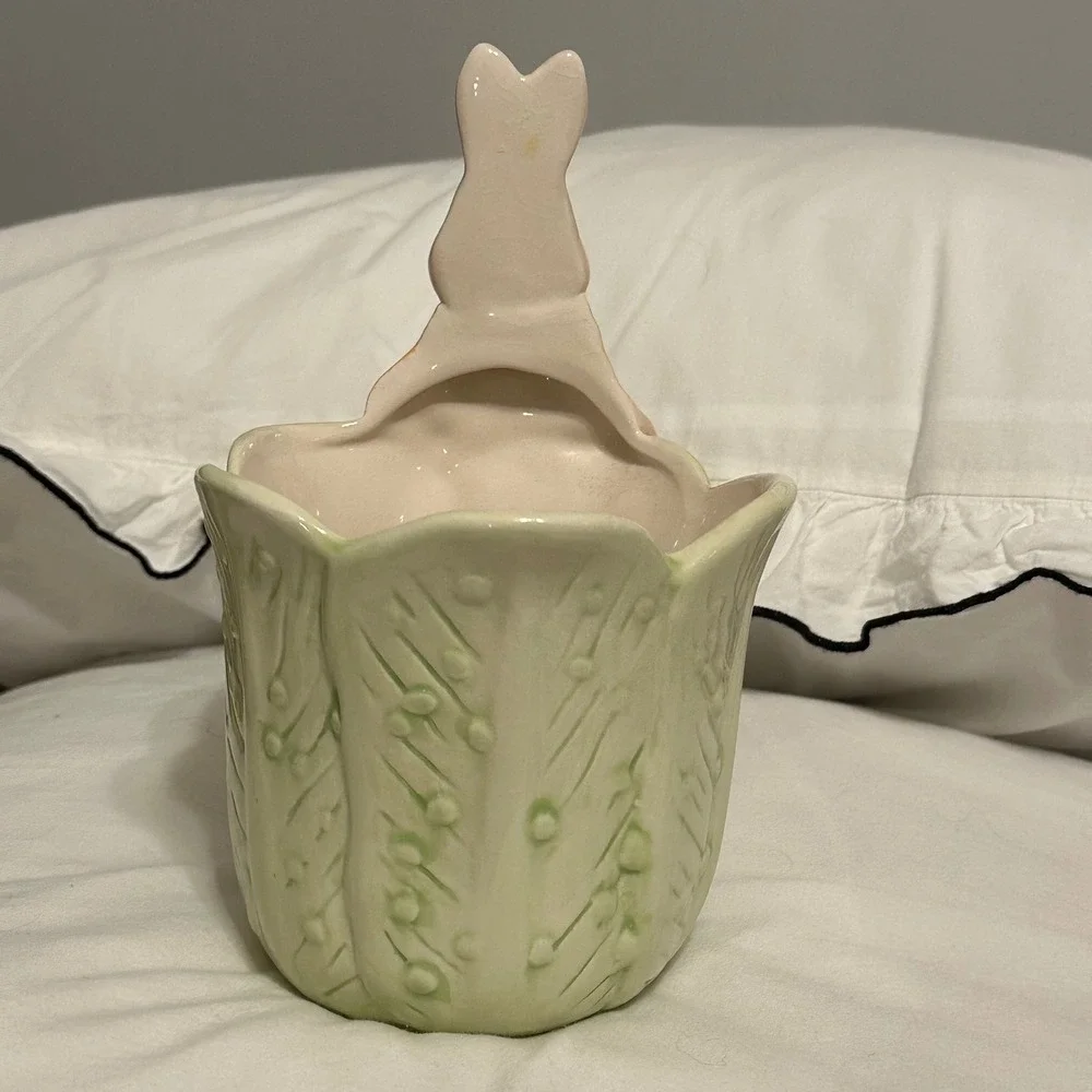 Bloomrite Bunny Rabbit Cabbage Planter Easter Decor Green White 6.5in 
 Glazed - Picture 5 of 9